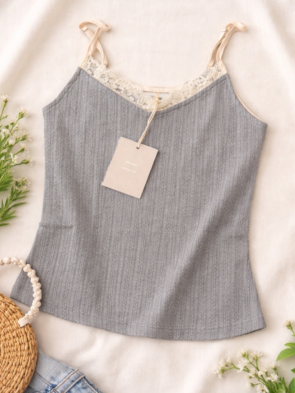 Cottagecore Gray Lace Trim Cami Blu Pepper Adjustable Strap Tank Size Small NWT - Picture 1 of 8